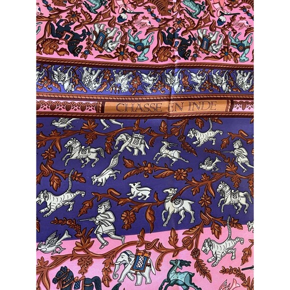 NIB HERMES 140cm Giant Silk Scarf Shawl Chasse en Inde Pink Purple Vintage RARE - Picture 10 of 16